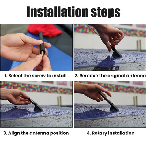 Installation steps for Short Car Antenna 4.7 Inch Carbon Fiber With American Flag Aluminum Design, showing step-by-step process
