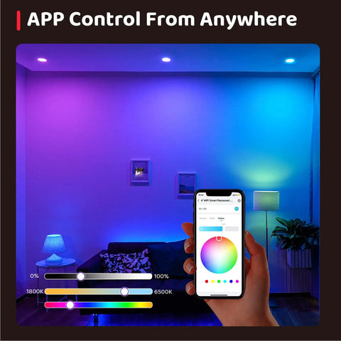 Four Pack Smart 4 Inch Recessed RGBTW LED Downlights With WiFi App Control 9W 750 Lumen Ceiling Mount Works With Alexa Google Assistant And Siri Voice Control Enabled Dimmable Color Changing Illumination