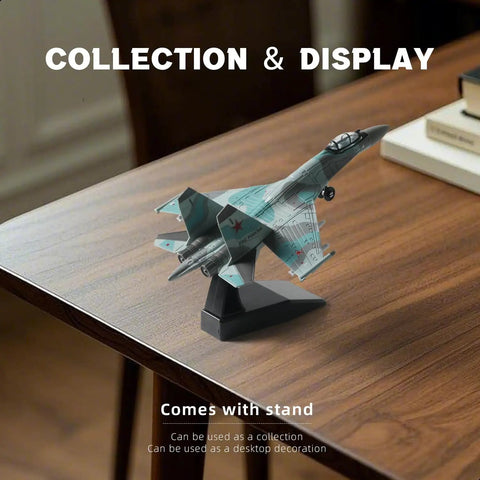 One Hundredth Scale SU-35S Fighter Jet Quick Build Model Kit With Stand on wooden table, displayed as desktop decoration