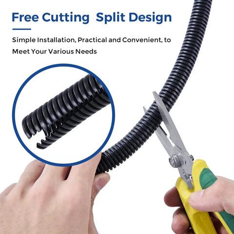Close-up of cutting Split Loom Wire Cover One Half Inch By Ten Feet, Flexible Cord Protector Tubing, black with yellow scissors
