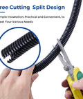 Premium Split Wire Loom Tubing 3/8 Inch By 10 Feet cut and held with scissors, showing split design for easy cable management.