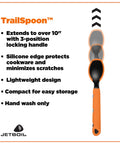 TrailSpoon Extendable Backpacking Spoon With Silicone Edge For Pots Reach Inside Cookware During Camping Trips And Dehydrated Meals Long Ten Inch Reach Three Position Locking Handle Your Go To Ultralight Utensil shown with features listed beside it.