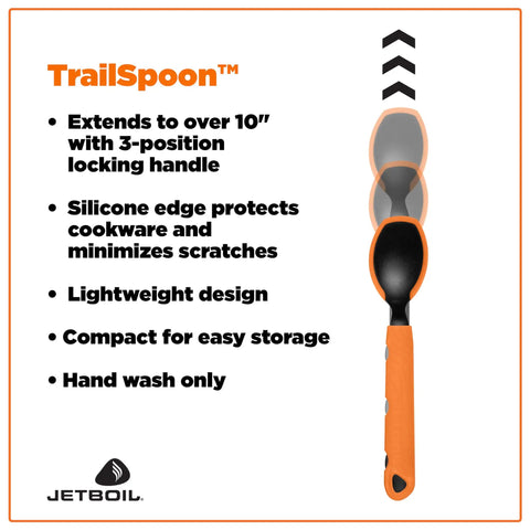 TrailSpoon Extendable Backpacking Spoon With Silicone Edge For Pots Reach Inside Cookware During Camping Trips And Dehydrated Meals Long Ten Inch Reach Three Position Locking Handle Your Go To Ultralight Utensil shown with features listed beside it.
