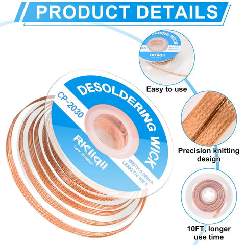 Desoldering Solder Wick Braid Kit With Flux, 3 Size Spools 0.08, 0.1, and 0.12 Inch, 10 Feet Each, No Clean Low Residue for electronics repair