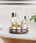 9 Inch Lazy Susan Turntable Organizer For Cabinet And Countertop Round Wood Spinning Shelf with skincare bottles on bathroom vanity
