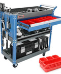 Beefy Three Tier Rolling Tool Cart With Drawers And Pegboard On Wheels, Industrial Utility Cart For Garage And Workshop, 440 Lb Capacity, Cold Rolled Steel, Powder Coated Blue shown loaded with tools and accessories.