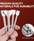 Hand holding 7 Piece Pro Grade Leather Craft Tools Arc Shaped Quarter Circle Punch Set with edge cutters for belt and bag making.