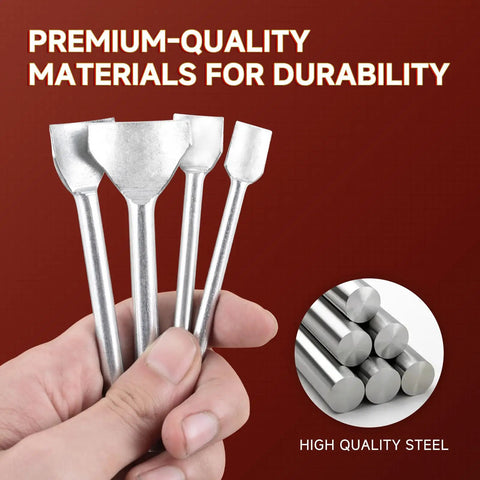 Hand holding 7 Piece Pro Grade Leather Craft Tools Arc Shaped Quarter Circle Punch Set with edge cutters for belt and bag making.