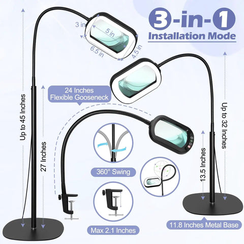 3-in-1 installation modes of 10X Rectangular Glass Magnifier Lamp With Light And Stand featuring 24 inch gooseneck
