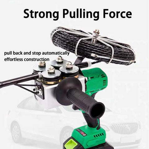 Upgraded Cordless Electric Threading Machine With Auto Pipe Threader For Decor And Comms Cables Featuring Infinitely Variable Speed Control adjustable handle and wire spool.
