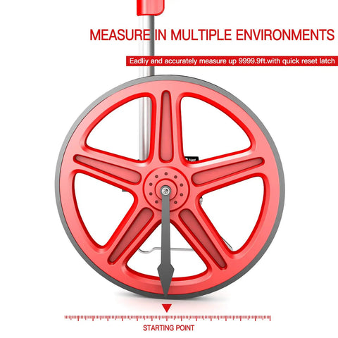 12 Inch Distance Measuring Wheel Collapsible Rolling Ruler for Construction and DIY Measures Up To 9999.9 Feet in Feet and Inches with Gear Counting and 0.5 Percent Accuracy, Easy Read Walking Wheel with On Off Function showing red wheel and measurement function in close-up view.