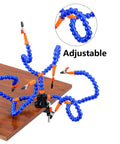 Six Flexible Arm Helping Hands Soldering Station With Silicon Clip Tips attached to a wooden table corner, showcasing adjustability.