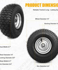 Heavy Duty Replacement 15x6.00-6 Lawn Mower Tires 2 Pack With Rubber Wheel And Bearing Bore 3/4 Inch, side and front view