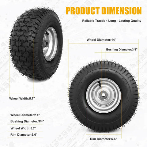 Heavy Duty Replacement 15x6.00-6 Lawn Mower Tires 2 Pack With Rubber Wheel And Bearing Bore 3/4 Inch, side and front view