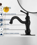 Matte Black Bathroom Faucet With 360 Degree Swivel, No Fuss Single Handle Vanity Sink Tap For 1 Or 3 Hole Install, side view with features