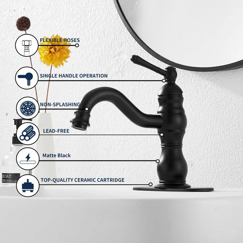 Matte Black Bathroom Faucet With 360 Degree Swivel, No Fuss Single Handle Vanity Sink Tap For 1 Or 3 Hole Install, side view with features