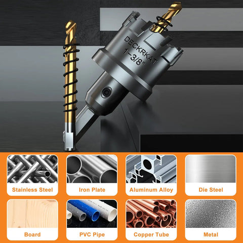 Beefy Built Tough Tungsten Carbide Tipped Hole Saw Kit For Stainless Steel And Metal, one and three eighths inch bit close-up.