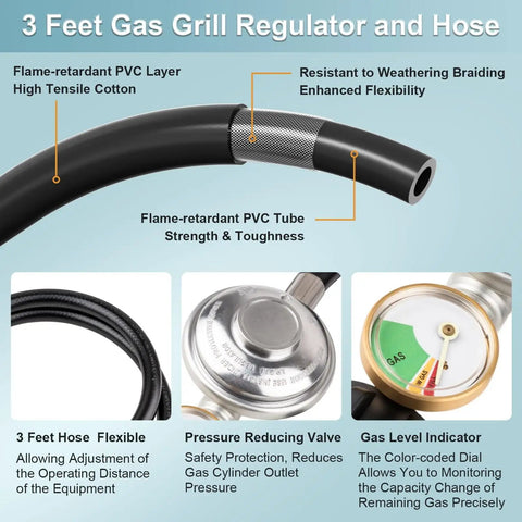 Three Feet Propane Regulator With Hose For Most Gas Grills Heaters And Fire Pits Universal Propane Tank Regulator, close-up of hose and regulator