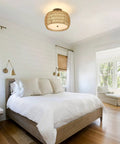 3 Light Boho Rattan Ceiling Light With Linen Fabric Shade Semi Flush Mount For Bedroom Kitchen Foyer And Hallway Handwoven Rattan Fixture That Softens Light For A Cozy Boho Farmhouse Vibe in a bedroom setting