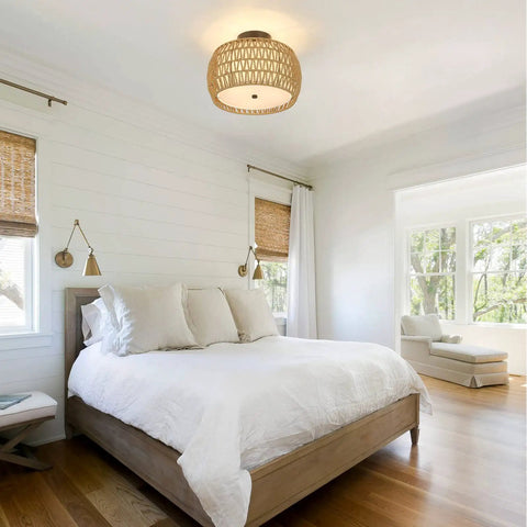 3 Light Boho Rattan Ceiling Light With Linen Fabric Shade Semi Flush Mount For Bedroom Kitchen Foyer And Hallway Handwoven Rattan Fixture That Softens Light For A Cozy Boho Farmhouse Vibe in a bedroom setting