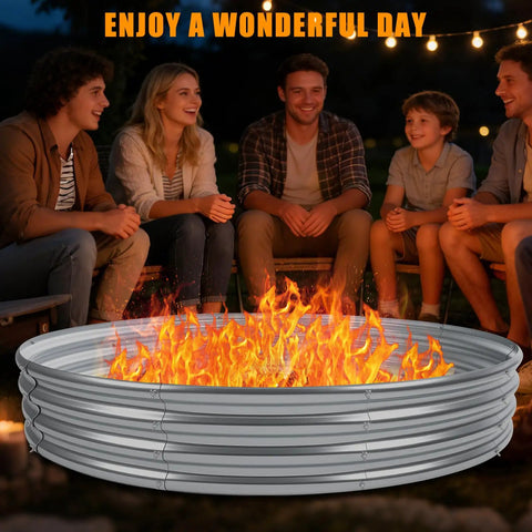 Beefy 48 Inch Fire Pit Ring Built From 0.8mm Galvanized Steel, Rust Resistant, Tool Free Assembly with group enjoying outdoor fire