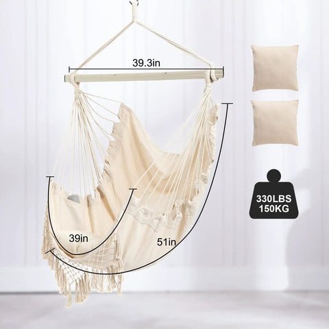 Ultra Cozy Hammock Chair With Macrame Design, Rope Swing Seat, Includes Two Cushions And Side Pocket, Heavy Duty Metal Rod