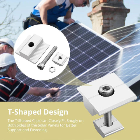 Heavy Duty Solar Panel Center Clamps Knockout Grip For 40mm Photovoltaic Rails Pre Drilled Dead Simple Install On Metal Tin Or Sheet Roofs With M8 Screws And Mounting Hardware 10 Pack with T-shaped clips for secure installation.