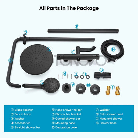 Thermostatic Shower Faucet System With Exposed Plumbing 8 Inch Round Shower Head Wall Mounted 8 Modes ABS Handheld Sprayer Tub Spout Matte Black Finish components displayed