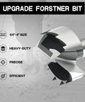 Eight Piece Heavy Duty Hex Shank Forstner Bit Set Built From Heat Treated Steel For Smooth As Butter Drilling In Hardwood Softwood Plywood And Plastic Zero Hassle Guaranteed, showcasing 1/4"-4" size and heavy-duty design.