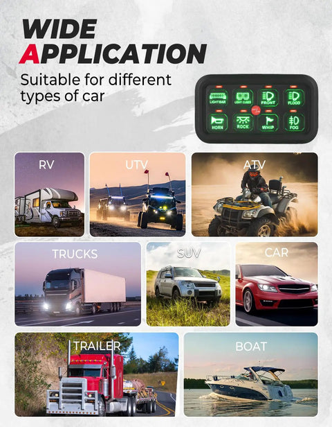 8 Gang Switch Panel With Enhanced Sensitivity, LED Touch Control, and images of compatible vehicles like RVs, boats, and trucks