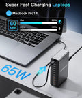 All In One 12 Port Aluminum GaN Charging Station 380W Fast USB C Charger Block With 65W Laptop PD next to MacBook