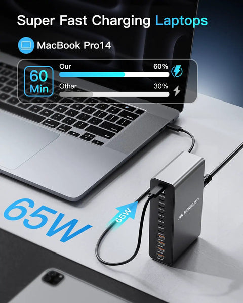 All In One 12 Port Aluminum GaN Charging Station 380W Fast USB C Charger Block With 65W Laptop PD next to MacBook