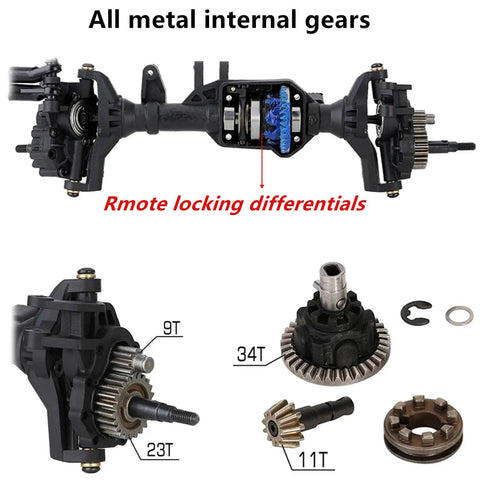 Beefed Up Portal Axle Upgrade Kit With Nylon Front And Rear Axles And Differential Lock For 1 By 10 RC Crawler TRX4 Defender Bronco TRX4 Chassis DIY Build Today showing metal internal gears and remote locking differentials.