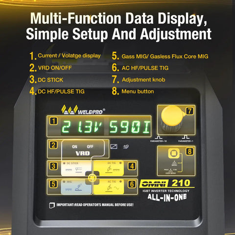 Omni210 All In One 200A 6 In 1 Multi-Process Welder display panel with controls for settings and adjustments for home shop use.