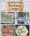 Pyrography Essentials Step By Step Wood Burning Patterns Workbook cover with various wood sign designs.