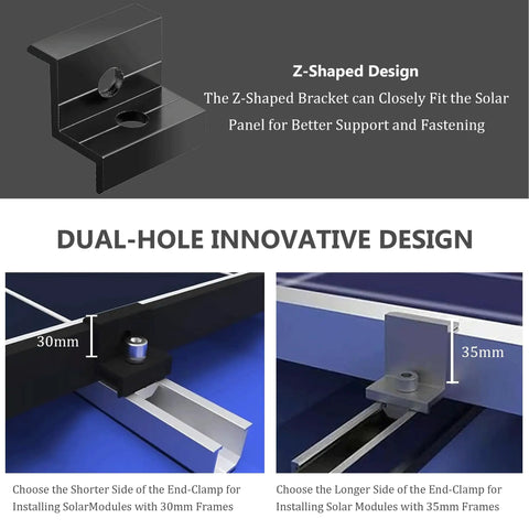 Heavy Duty Solar Panel End Clamps 10 Pack Fits 30 To 35 Millimeter Roof Mounts Top Shelf Aluminum Brackets with dual-hole design for better support.