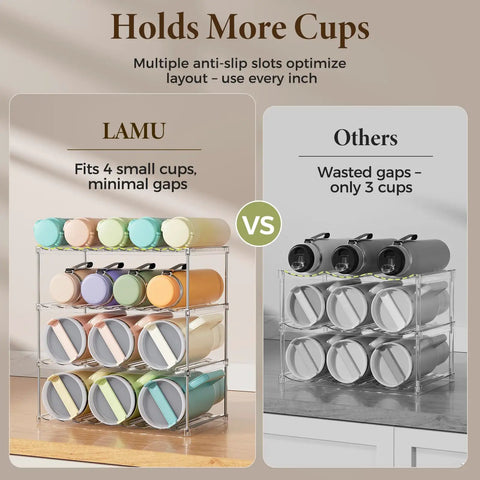 Comparison of Stackable Water Bottle Organizer Rack for Cabinet Storage with Multi Tier Tumbler Holder vs others on countertop.