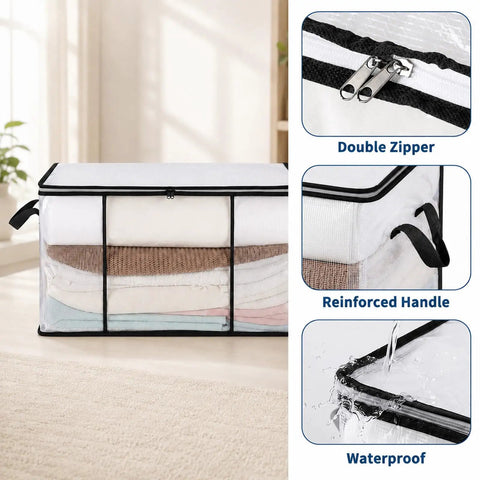 Giant Clear View Storage Bag For Blankets And Comforters Super Spacious Eighty Liter with double zipper and reinforced handles.