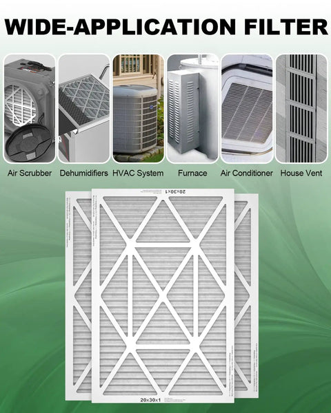 MERV 8 Pleated Air Filter 20x30x1 6 Pack For Home HVAC Systems Replacement, Lightweight Durable Filter Media, multiple applications shown