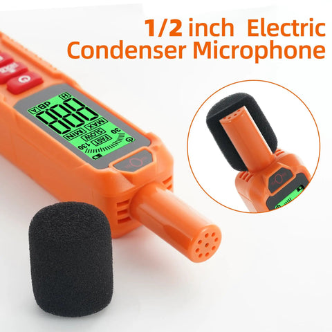 Decibel Meter Sound Level Meter With A Weighted Reading For Accurate Noise Data 30 To 130 Decibels Range Backlit LCD Screen Data Hold Max Min Fast Slow Modes For Home Outdoors And Cutting Through The Noise From Noisy Neighbors, orange handheld device with foam microphone cover