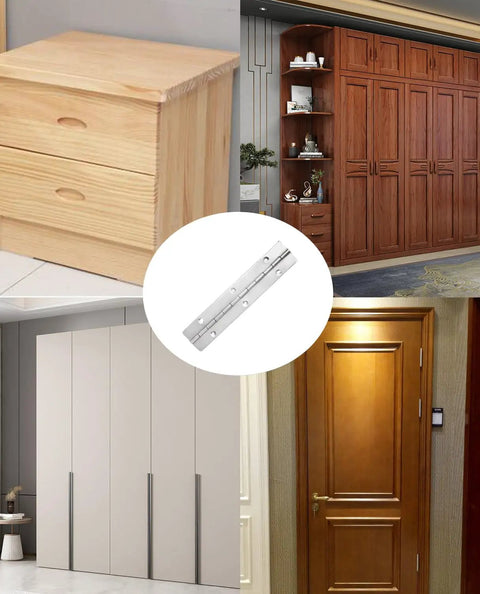 Rock Solid Six Inch Stainless Steel Piano Hinges Heavy Duty Silver Gate Door Pivot Hardware With Full Screw Kit For Cabinets Garages And Sheds Quick Install Sure Fire Durability displayed with wooden furniture and doors.