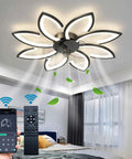 35 Inch Bladeless Ceiling Fan With Lights And Remote in flower shape installed in bedroom, showing remote controls and airflow.