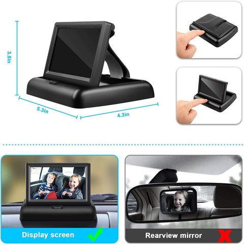 Crystal Clear Baby Car Mirror With 4.3 Inch HD Night Vision Display Safe Center Console Car Seat Camera shows setup and usage.