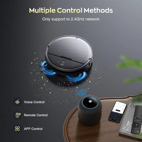 2 In 1 Robot Vacuum And Mop With WiFi App Control, showing multiple control methods for smart cleaning on hard floors and carpets