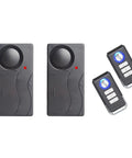 2 Pack Anti Theft Vibration Alarm With 110dB Loud Siren And Adjustable Sensitivity Motion Sensor Built In For Doors Windows Bikes Motorcycles RVs And More Keeps Your Gear Safe While You Roll Park Or Chill. two black wireless alarms and remotes