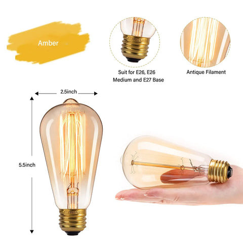 LED Edison Bulbs 60W Equivalent, E26 Base, Warm White, 6 Pack, close-up on amber filament and bulb size dimensions.