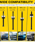 Compatibility chart for Five Piece Long Reach Harmonic Balancer Installation Tool Kit With Extended Forcing Rods fitting Ford, Dodge, GM engines.
