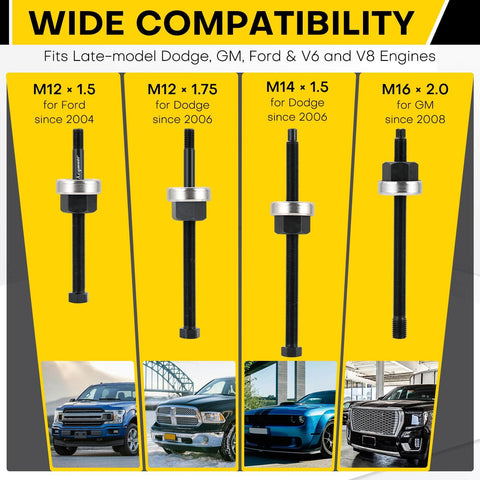 Compatibility chart for Five Piece Long Reach Harmonic Balancer Installation Tool Kit With Extended Forcing Rods fitting Ford, Dodge, GM engines.