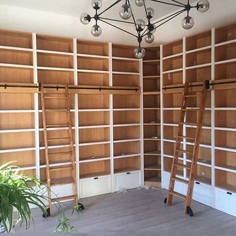 Rock Solid Sliding Barn Door Hardware Kit Featuring Adjustable Rails Smooth Rolling Carriages And Sturdy Floor Guides in a custom shelving setup.