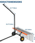 Side view of 60 Inch Tow Behind Lawn Dethatcher And Landscape Rake With 24 Tines Heavy Duty Steel Pine Straw Rake with dimensions